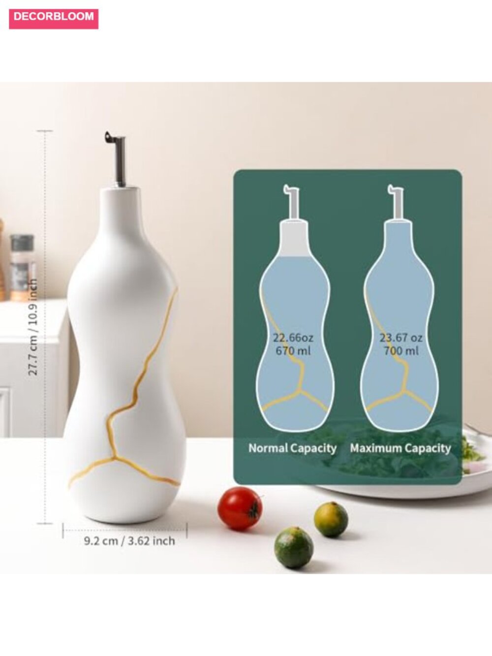 Ceramic Olive Oil Dispenser Bottle 22 oz Non-Drip Gold Accent Ergonomic - Picture 2 of 6